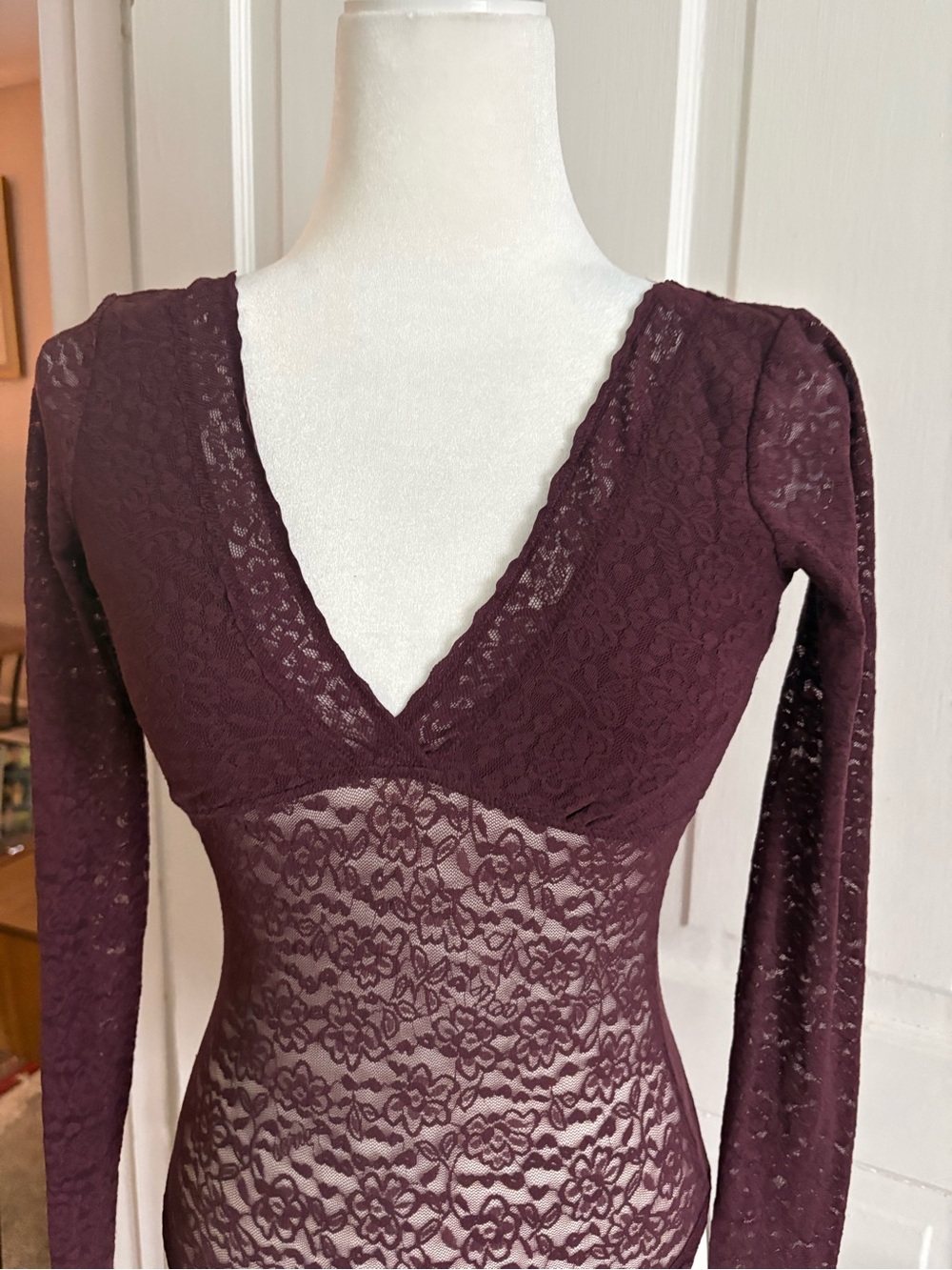 aerie Plum Lace Deep V-Neck Long Sleeve Bodysuit